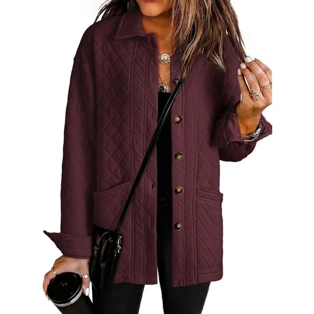 Women's Burgundy Button Down Collared Long Sleeve Jackets Coats Pockets